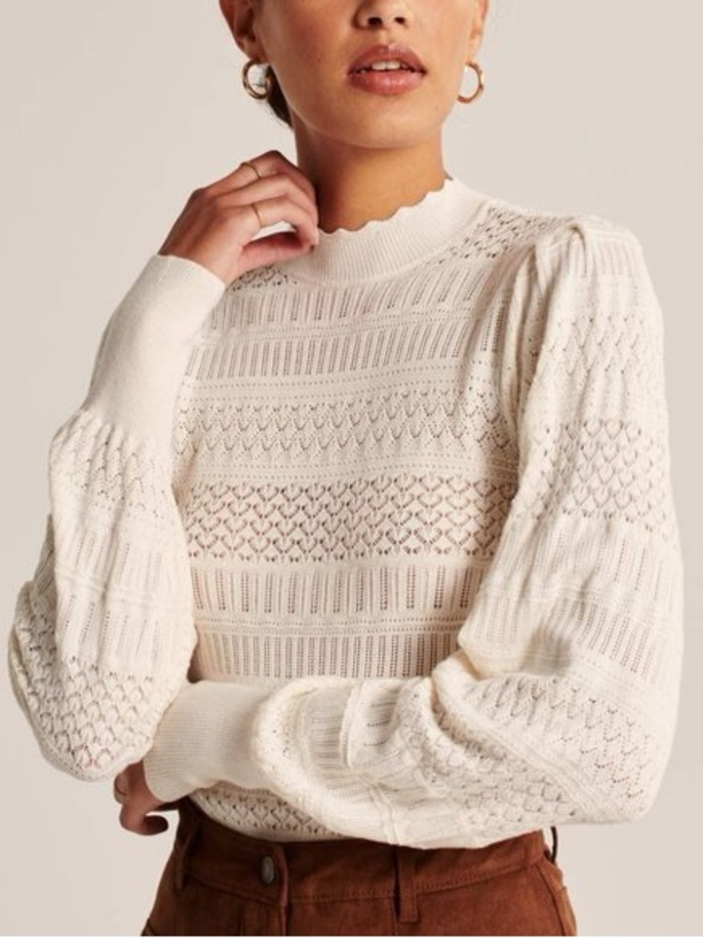 Abercrombie & Fitch Cream Pointelle Mock-Neck Sweater Cottagecore Feminine M